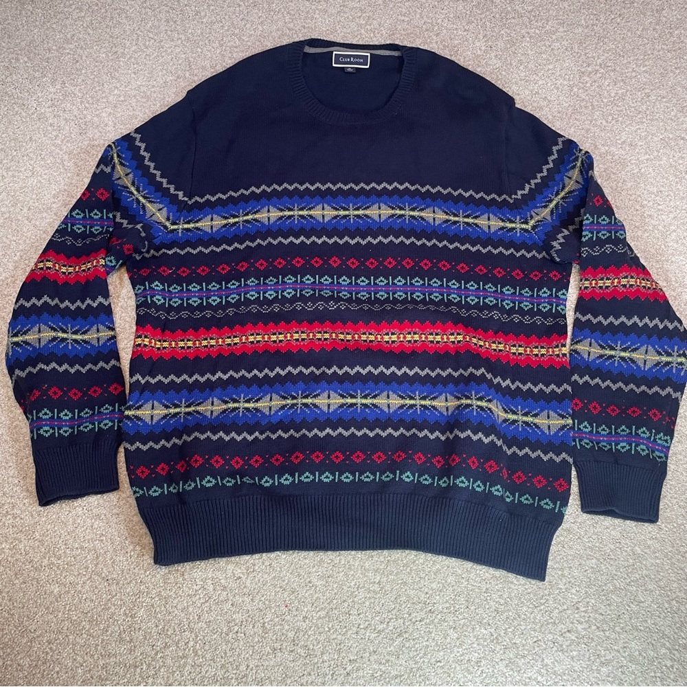Club Room Mens Fair Isle Sweater Navy Blue Size XL Pullover Crewneck 100% Cotton